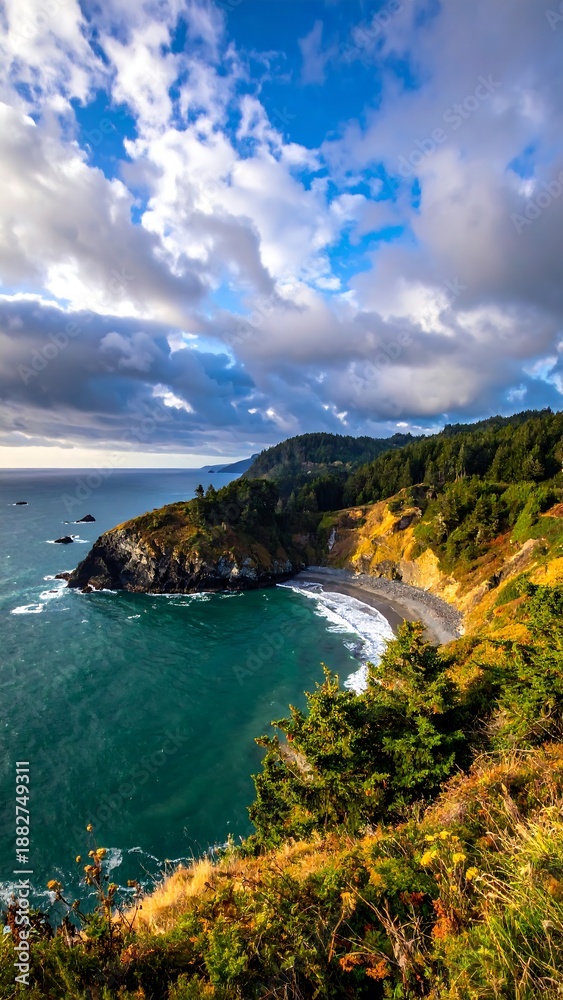Obraz premium A scenic coastal landscape with a rugged shoreline, dense vegetation, and a vast ocean under a cloudy sky