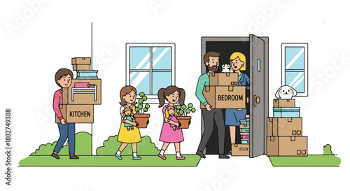 A happy family with two children and a pet dog excitedly moves into their new house, carrying various boxes and plants, symbolizing new beginnings and home ownership