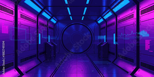 Futuristic Server Room with Purple and Blue Neon Lights and High-Tech Equipment