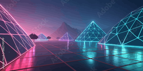 Neon-Lit Futuristic Landscape with Geometric Structures and Mountains