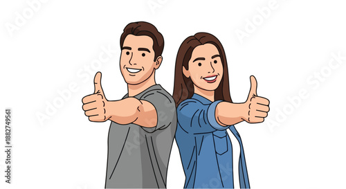 Positive young couple giving thumbs up gesture with happy expressions, isolated on white background, conveying approval and satisfaction