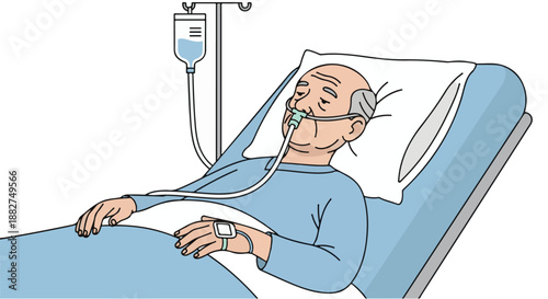 Elderly man in hospital bed receiving essential medical treatment with an intravenous drip and oxygen mask, symbolizing senior healthcare and a journey towards recovery