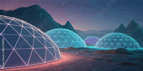 Futuristic Domes in a Mountainous Landscape at Dusk