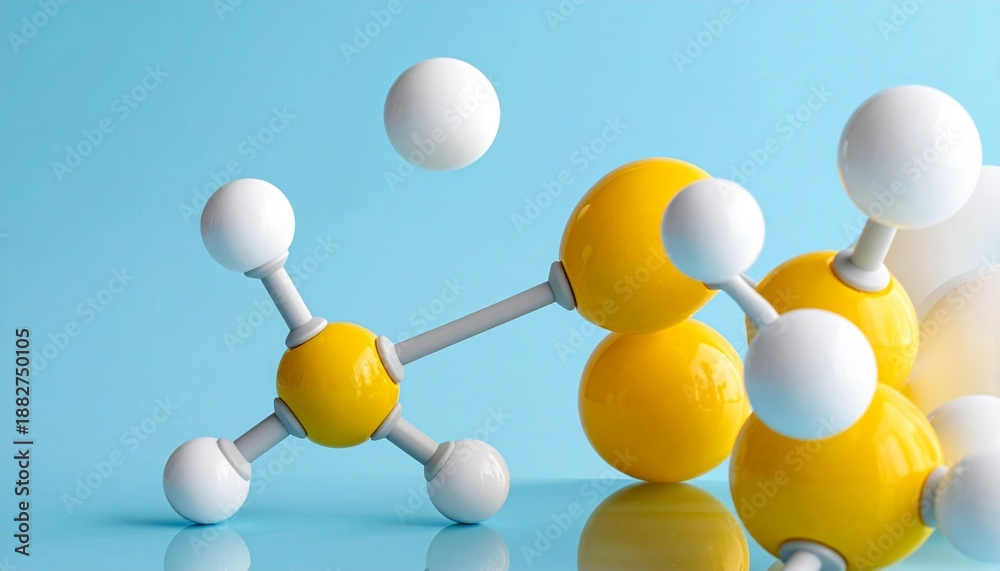 Obraz premium 3D molecular model of hydrocarbon with yellow carbon atoms and white hydrogen atoms on blue gradient.