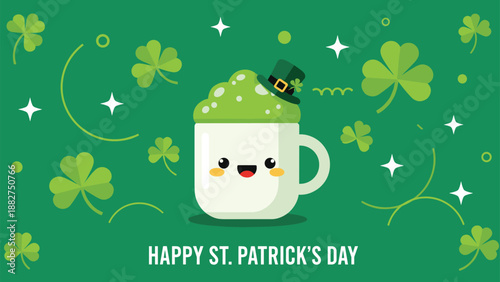 Adorable white mug character with a happy face wears a green leprechaun hat to celebrate the festive saint patrick's day holiday.