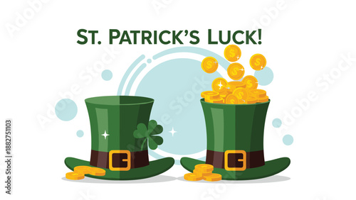 Pair of green leprechaun hats with one overflowing with gold coins bring good luck for the festive saint patrick's day holiday season.