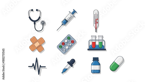 Medical icons collection featuring stethoscope, syringe, and various medication symbols on a clean white background