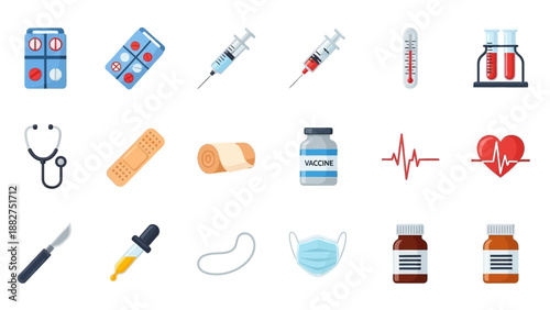 Medical icons collection featuring various healthcare and medicine symbols on a clean background