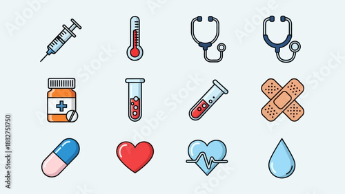 Medical icons collection featuring healthcare symbols and medical supplies in a grid layout