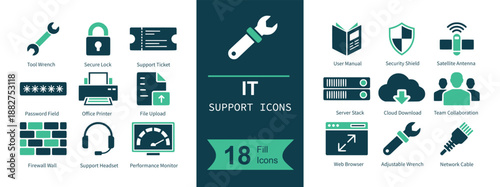 IT support icon set. Containing service, maintenance, security, password, ticket, printer, upload, firewall, headset, server, cloud, wifi, users and more. Solid vector icons collection
