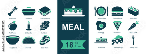 Meal icon set. Containing plate, fork, dinner, lunch, takeout box, sandwich, burger, sushi, pizza, egg, steak, soup, taco, apple, carrot, cake and more. Solid vector icons collection