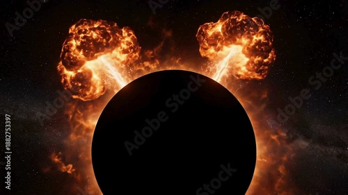 A fiery solar explosion of burning orange plasma glows like a hot star or planet, casting intense heat and light from a burning ball of flames against a black space background