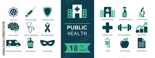Public health icon set. Containing hospital, vaccine, virus, hygiene, sanitizer, ambulance, stethoscope, ribbon, microscope, IV drip, fitness, nutrition and more. Solid vector icons collection