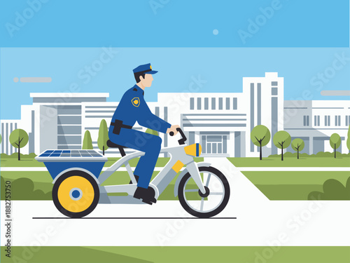 A security patrol rides a solar-powered tricycle through a modern city landscape. Clean, bright, and professional. Ideal for security, sustainability, and urban themes.