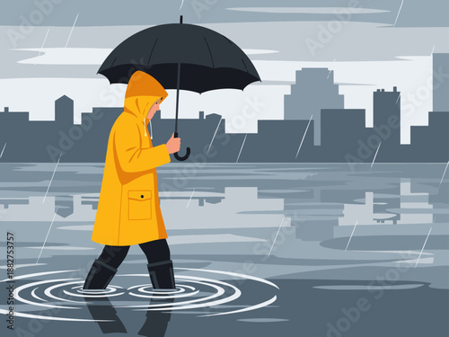 A person walks through floodwater in a city, sheltering under an umbrella. Rain reflects on the water, creating a dramatic, urban scene.  A yellow raincoat and hood add a pop of color.