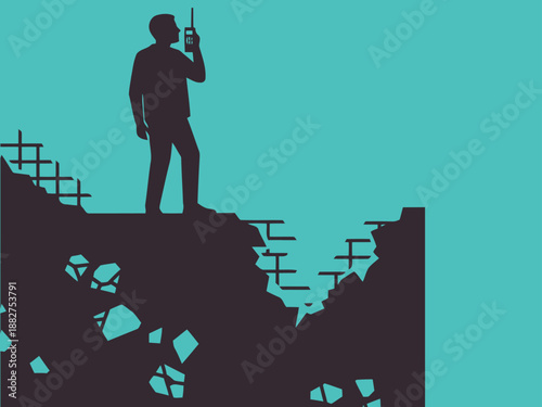 silhouetted figure uses a radio in a post-apocalyptic landscape Dramatic lighting highlights the ruined environment and conveys a sense of isolation and communication struggle  Strong visual impact