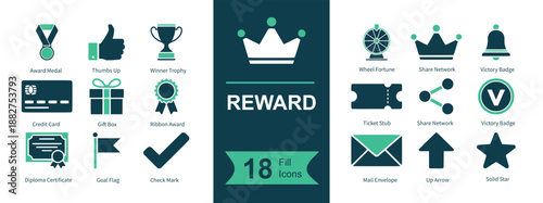 Reward icon set. Containing trophy, medal, crown, badge, certificate, gift, loyalty card, points, approval check, star, voucher, share, bell, upgrade and more. Solid vector icons collection
