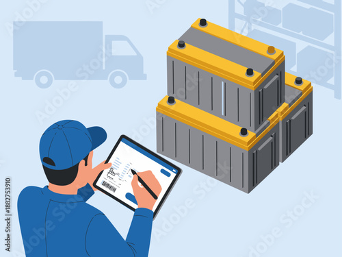 A technician inspects an industrial battery delivery receipt with a tablet. Clear, professional illustration for business and logistics themes.
