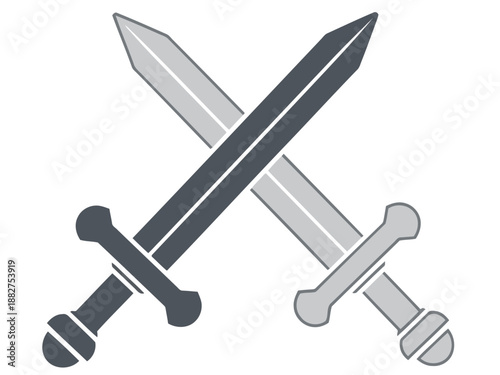 Two crossed swords clash in a dramatic, stylized design. The grey and silver blades create a powerful visual conflict. Suitable for conflict, dispute, or rivalry themes.