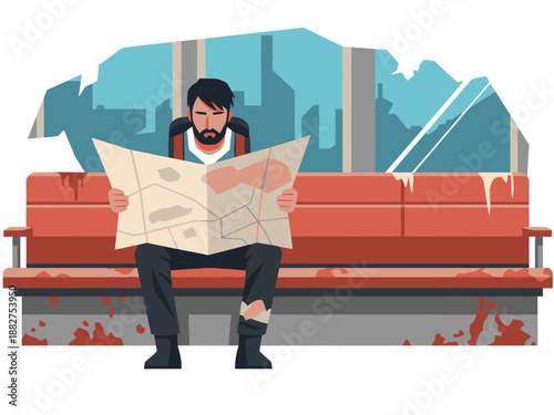A weary survivor studies a map, navigating a ruined cityscape. Dramatic, post-apocalyptic scene with a focus on determination and exploration. Suitable for dystopian themes.