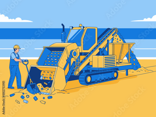 A worker operates a beach cleaning machine, removing debris from a sandy shore.  Bright colors and a clear composition make this image ideal for commercial use.