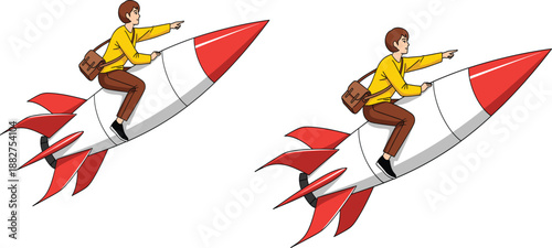 Businessman Riding Rocket Illustration Symbolizing Startup Launch, Fast Growth, Innovation, Success Strategy, and Career Acceleration Concept for Business Vector Design