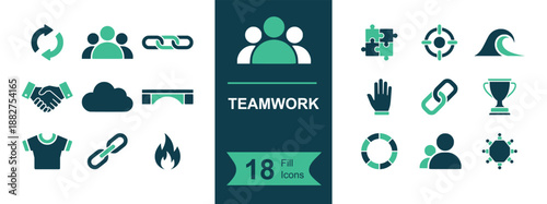 Teamwork icon set. Containing collaboration, team, group, handshake, partnership, chain link, network, target, puzzle, trophy, support, cloud, unity and more. Solid vector icons collection