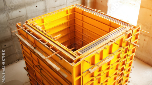 Construction site with yellow formwork for concrete pouring and building foundations. A square concrete formwork system made of bright yellow panels and wooden bracing.