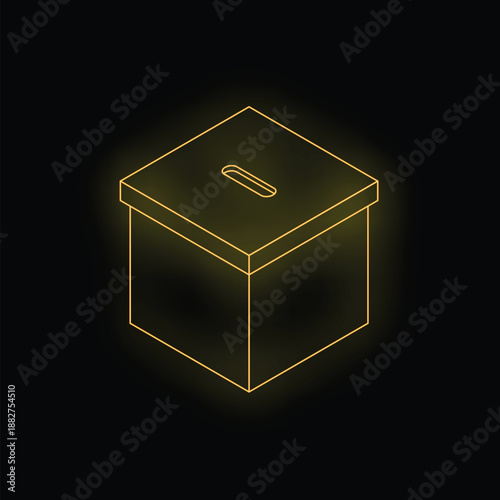 Neon ballot box glowing on a black background representing the concept of voting