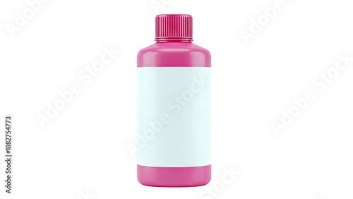 Pink plastic bottle with white label and cap