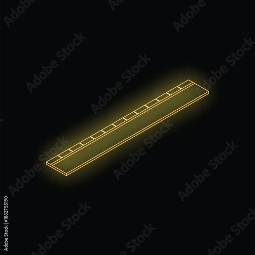 Glowing yellow neon ruler icon on black background representing the concept of measurement
