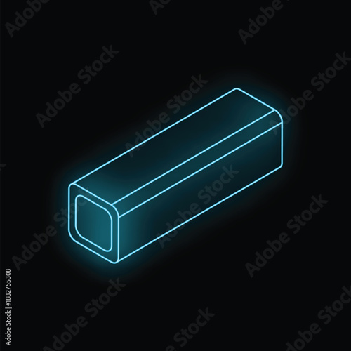 Neon blue glowing hollow square section structural steel beam on black background