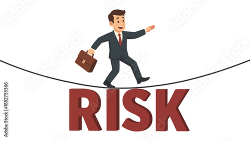 A cartoon businessman balancing on a tightrope over the word RISK in large letters