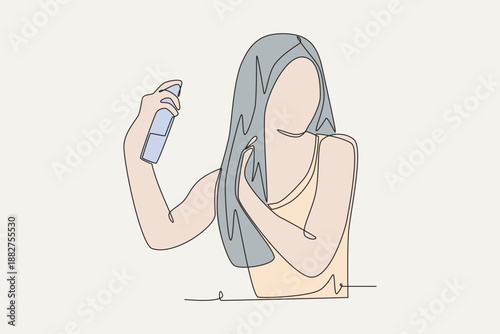 Colored Woman is treating her hair with spray. Hair care across cultures concept one-line drawing