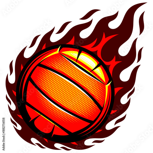 A dynamic, fiery volleyball design in vibrant reds and yellows, featuring energetic flame effects for a bold, athletic visual.