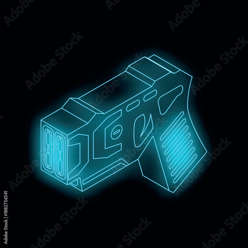 Futuristic neon glowing electroshock weapon taser gun police equipment on black background