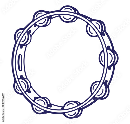 Line art illustration of a blue tambourine musical instrument isolated on a white background.