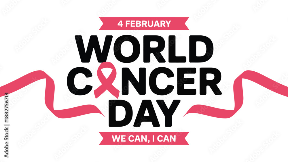 Naklejka premium world cancer day awareness typography with pink ribbon symbol and we can i can message representing cancer prevention, hope, support, healthcare advocacy and global awareness