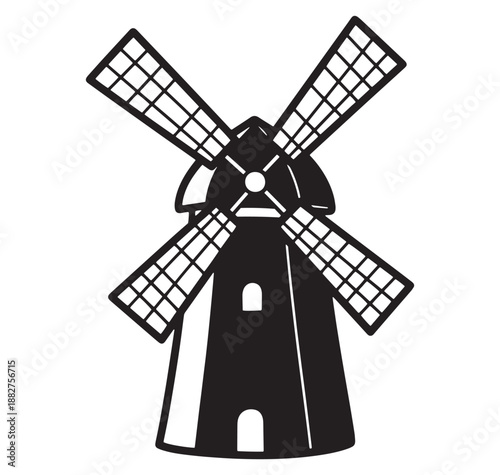 Simple black and white silhouette of a classic dutch windmill on white background