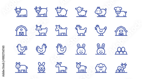 Farm animals vector line icons set. Minimalist agriculture and livestock monoline symbols. Cow, pig, chicken, horse, sheep in modern simple style for UI UX design. 