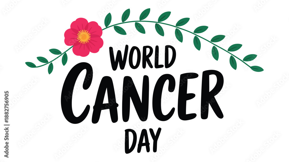 Fototapeta premium world cancer day decorative typography with floral wreath illustration symbolizing cancer awareness, hope, support, healthcare, solidarity and global health advocacy on white background