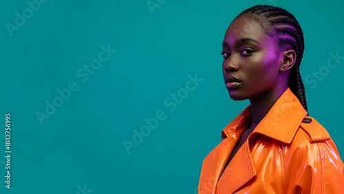 Young Black woman posing confidently in vibrant orange coat  