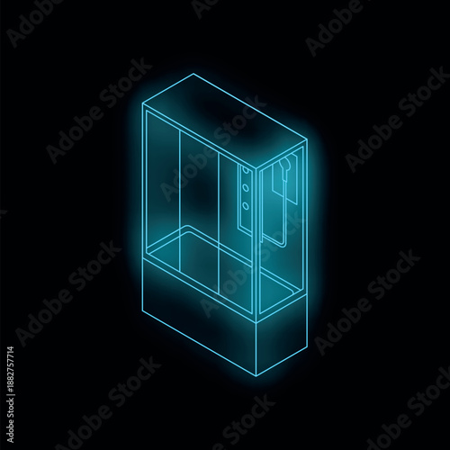 Glowing blue shower cabin with sliding door and shower head on a dark background, symbolizing bathroom fixtures and modern design