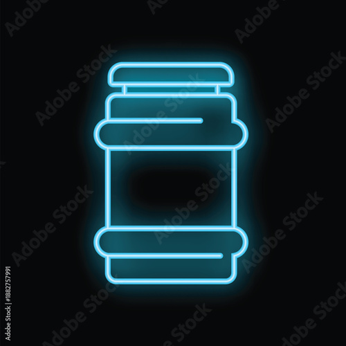 Blue glowing neon sign representing a water cooler bottle, isolated on a black background