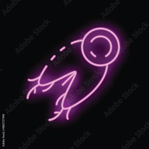 Glowing neon icon of a spacecraft with an open hatch flying through space and leaving a trail