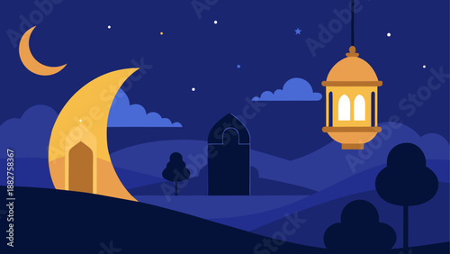 Nighttime village with moon and lantern