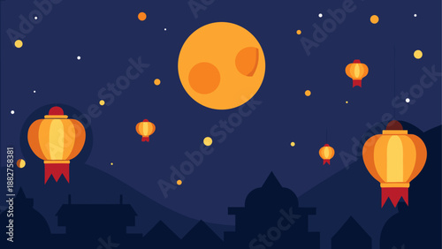 Night sky with moon and lanterns