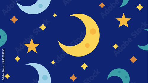 Whimsical night sky with moons and stars