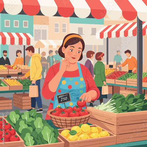 Woman selling fresh produce at outdoor farmers market