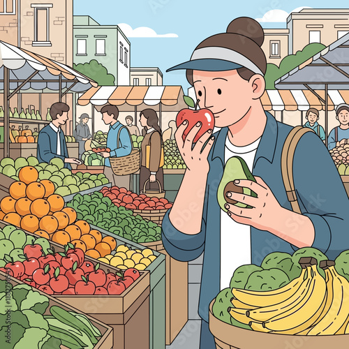 Woman smelling apple at outdoor farmers market with fresh produce.
